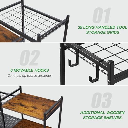 DAOUTIME Garage Tool Organizer with 2-tier Wooden Shelves, Yard Tool Organize...