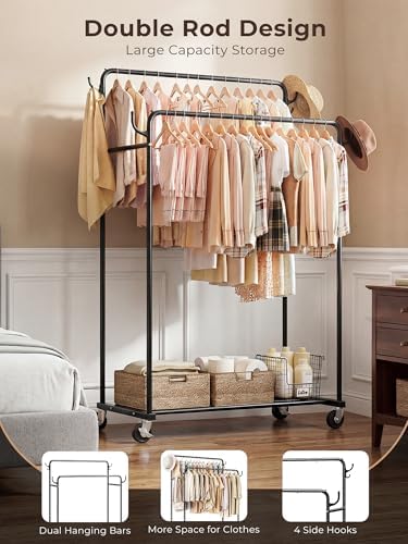 Clothes Rack, Rolling Clothing Rack with Double Rods for Hanging Clothes, Por...