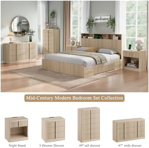 YANSNWO 47" Wide Fluted 6 Drawer Dresser for Bedroom, Natural Oak