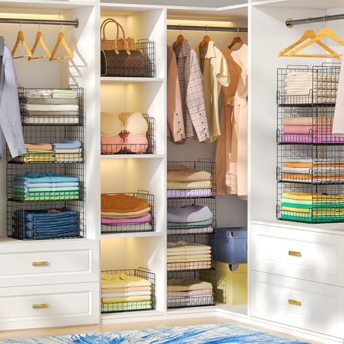 4-Tier Stackable Closet Organizers and Storage Basket - Foldable Closet Shelf...