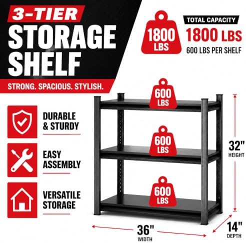 Garage Shelving, 1800 LBS Heavy Duty Metal Storage Shelves, 3-Tier Adjustable...