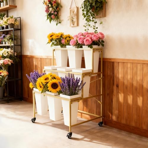 3 Tier Flower Display Stand with 9 Buckets, 33.46″ H Rolling Flower Cart with...