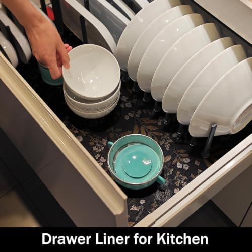 Black Leaf Shelf Drawer Cabinet Liners Waterproof,24IN x 10FT
