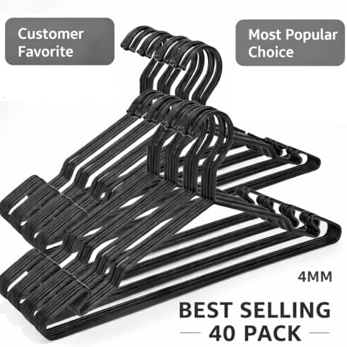 Black Metal Hangers, Heavy Duty Clothes Hangers with Non-Slip Grooves, Slim S...