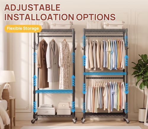 Heavy Duty Rolling Clothes Rack with Wheels, Double Rods Adjustable Shelves