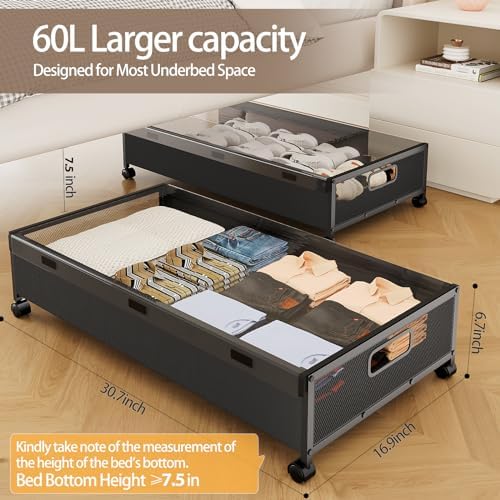 KITHELP Under Bed Storage with Wheels,2 Pack Under Bed Shoe Storage, Under th...