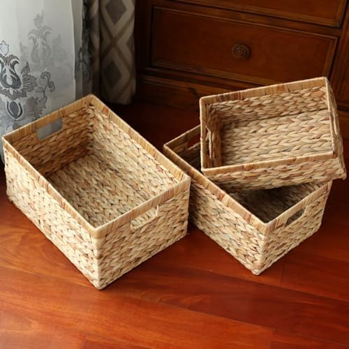Woven Natural Water hyacinth Rectangular Storage Baskets with inside Handle,K...