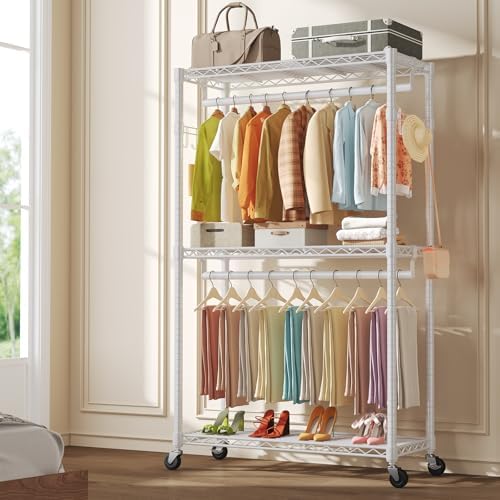 OLIXIS Rolling Clothes Rack, Heavy Duty Garment Rack, 47 IN, Metal White