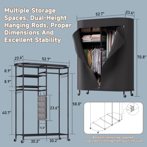BACEKOLL Heavy Duty Clothes Rack with Cover Portable Rolling Closet 480LBS