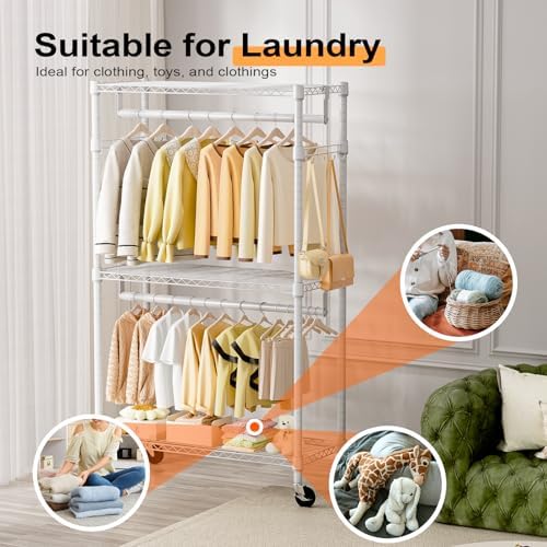M MZG Heavy Duty Rolling Garment Rack 3 Tiers Adjustable Wire Shelving Clothe...
