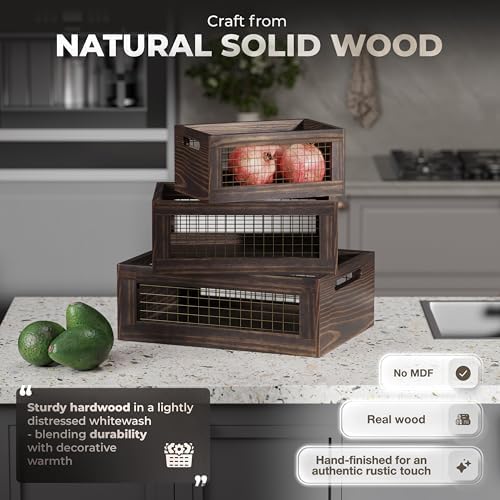 Set of 3 Extra Large Wooden Nesting Countertop Baskets, Rustic Wood Storage O...