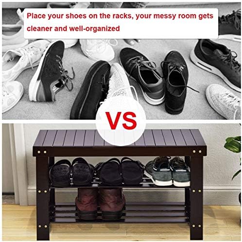 GOFLAME Shoe Bench Rack, 2-Tier Bamboo Seat Storage Shelf, Free Standing Shoe...