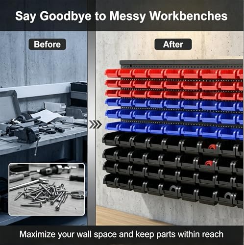 90Pcs Wall Mounted Storage Organizer Bins with Rack, Nuts, Bolts, and Hardwar...
