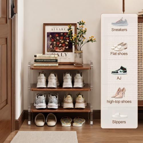 3-Tier Shoe Rack, Wood Acrylic Shoe Shelf, Walnut, 19.5" W