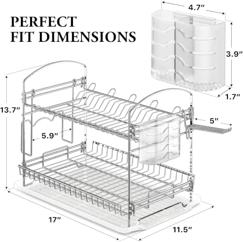 Simple Houseware 2-Tier Stainless Steel Dish Rack with Drainboard, Chrome