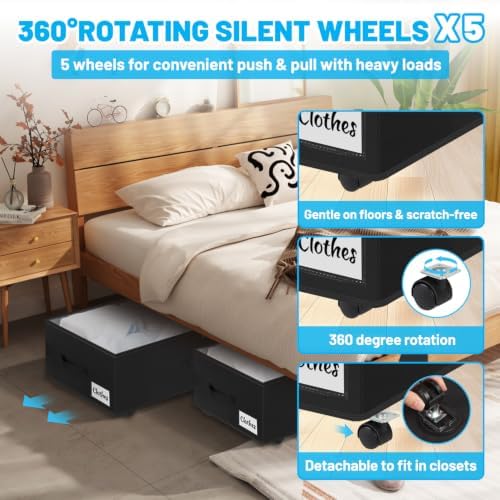 Under Bed Storage with Wheels, 4-Pack 10" Height XXL 75L Rolling Storage...