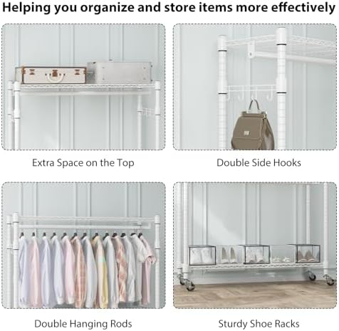 Homdox 3 Tier Heavy Duty Garment Rack with Wheels, Adjustable Wire Clothes Ra...