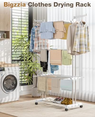 Bigzzia Clothes Drying Rack Folding with Wheels Laundry Rack 4 Tier