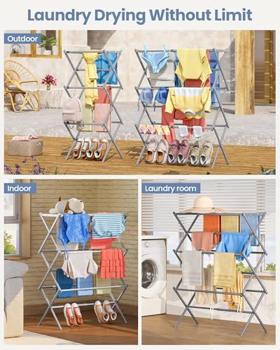 APEXCHASER Oversize 3-Tier Clothes Drying Rack, No Install, Grey