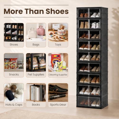 9 Tier Foldable Shoe Rack, Plastic Shoe Storage Cabinet with Clear Doors