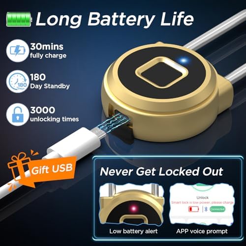 Fingerprint Lock - 2.1 Inch Long Shackle Combination Lock with Fingerprint Bl...