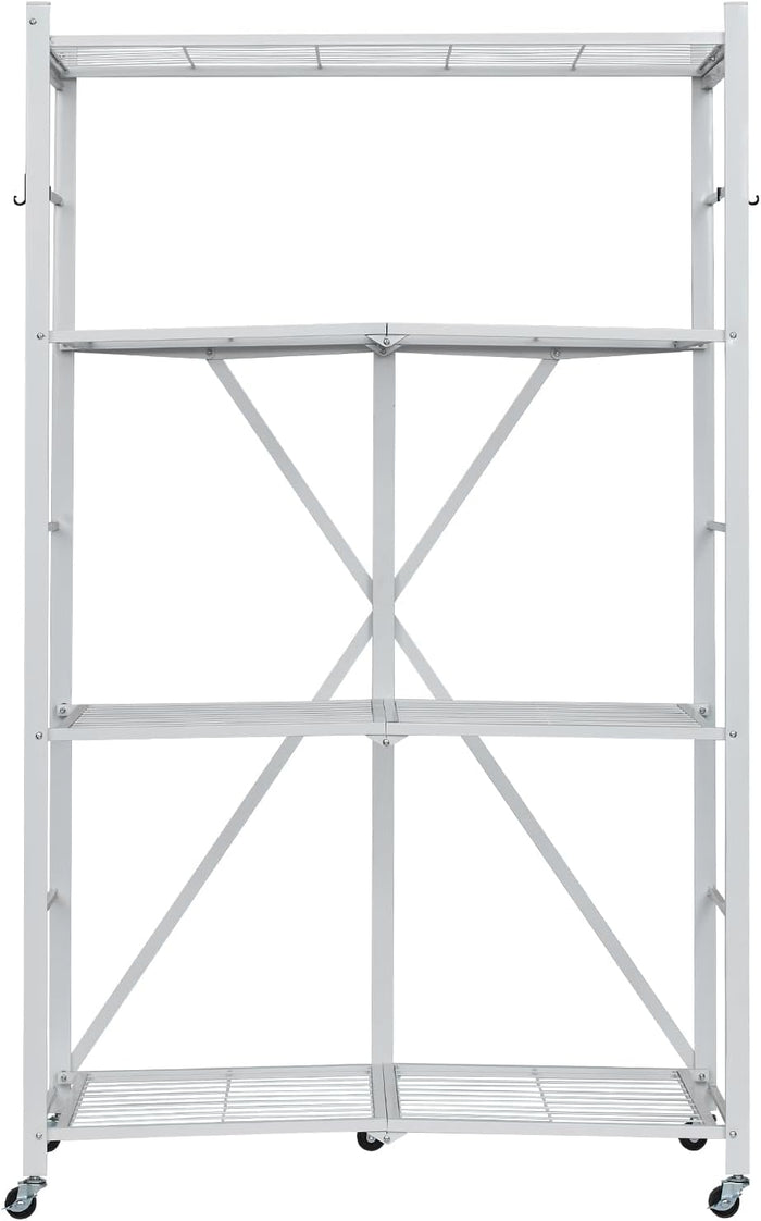 VEVOR 4-Tier Foldable Storage Shelf, 36W x 21D x 60 H Inch Folding Metal Rack Shelving Unit, No Assembly Organizer Shelf with 5 Wheels & 4 Hooks for Pantry, Kitchen, Garage, Basement, White