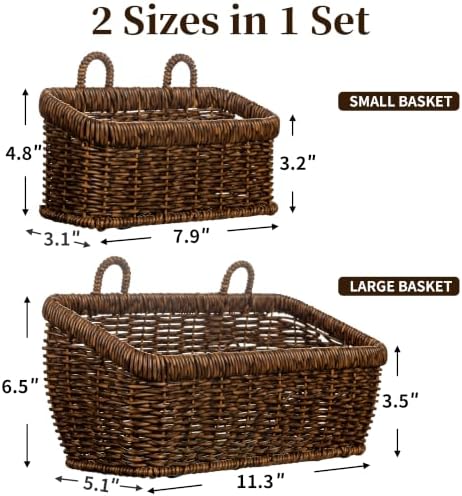 Wall Hanging Baskets, 2 Pack Woven Wicker Baskets with Hooks, Brown
