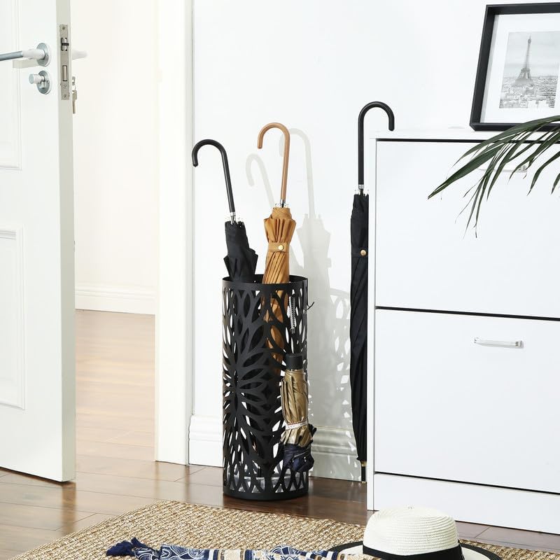 SONGMICS Umbrella Stand, Steel Round, Detachable Drip Tray, 4 Hooks