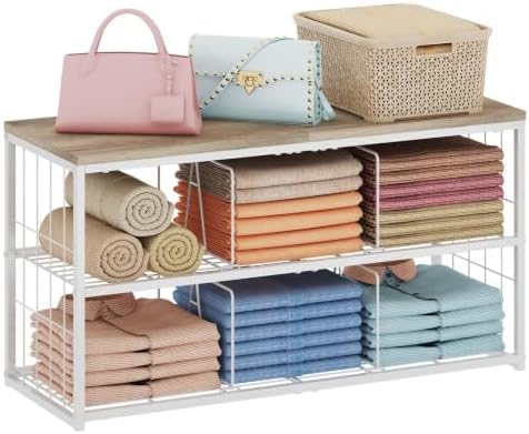 Wood‑Top Closet Clothes Organizers and Storage Shelf with Adjustable Dividers...