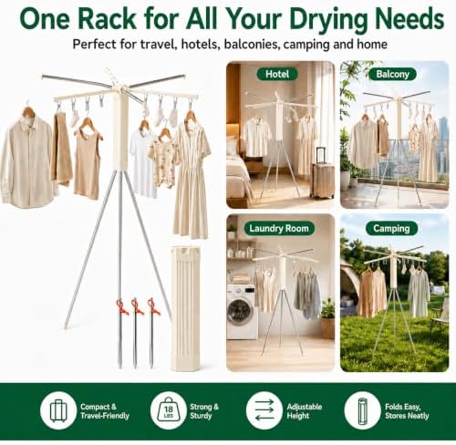 Foldable Tripod Clothes Drying Rack, 6-Pole Stand with 12 Clips