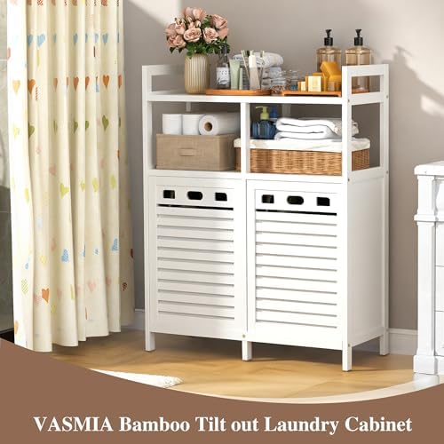 VASMIA Tilt Out Laundry Hamper Cabinet, Bamboo Double Laundry Hamper with 2 R...