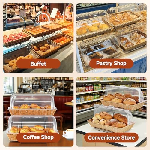 2 Pack Bread Basket Serving Display Tray 20.5x13 In with Clear Roll Top Cover...
