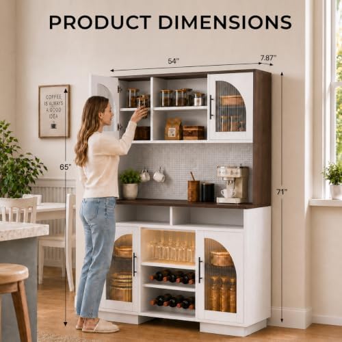 71" Tall Pantry Cabinet with Charging Station, LED Lights & Microwav...