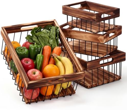 4 Pack Metal Wire Storage Basket, Multiple Sizes Basket with Handles Wooden T...