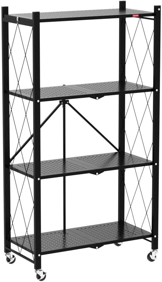 DEANIC 4 Tier Foldable Storage Shelves with Wheels, Large Capacity Shelving U...