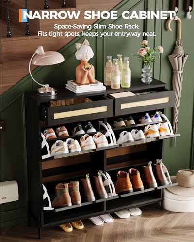GarveeHome Rattan Shoe Cabinet Storage with 4 Flip Drawers & 2 Top Drawer...