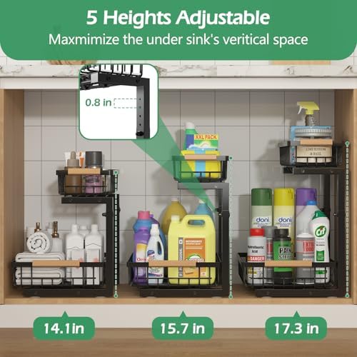 ADRIMER Under Sink Organizer 2 Packs, Pull Out Kitchen Sink Organizer, 2 Tier...