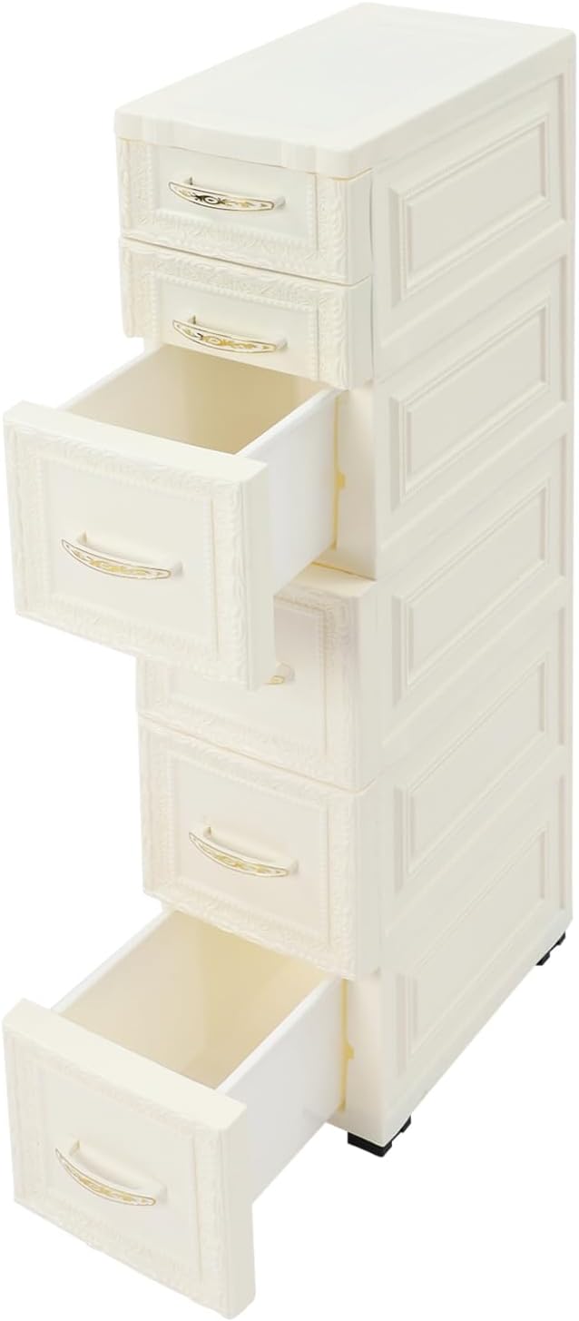 Slim Storage Cabinet, Rolling Drawer Unit, Narrow Organizer (White)