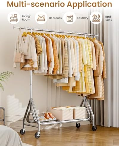 Heavy Duty Clothes Rack for Hanging Clothes with Wheels, Silver