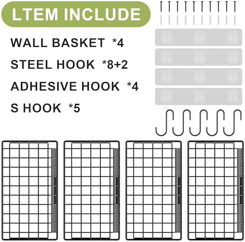 Wall Basket with Label Plate & 5 S-Hooks –4 Pack Hanging Wire Basket for ...