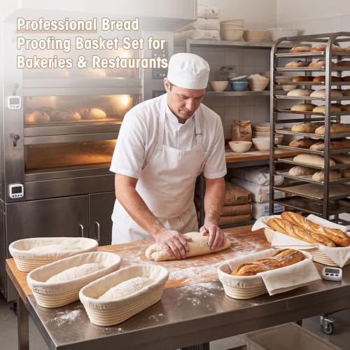 Vesici 14 Inches Baguette Banneton Proofing Basket 6 Pack with Linen Liner Ba...