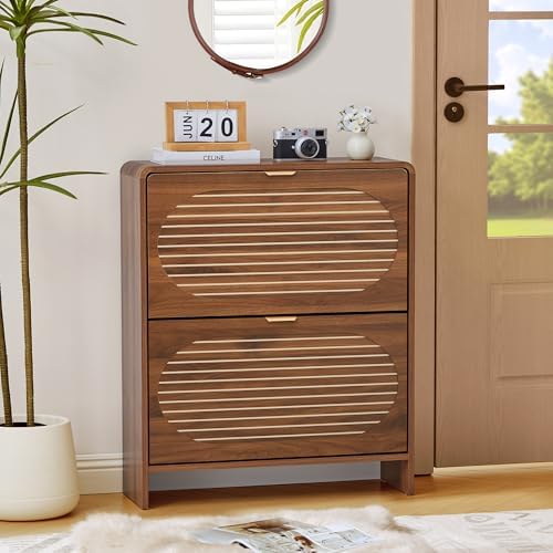 Curved Narrow Shoe Storage Cabinet for Entryway with 2 Flip Drawers, Wood Sho...