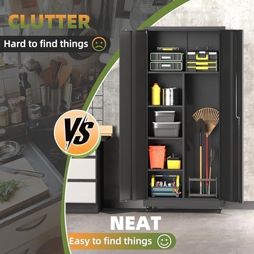 71''H Metal Garage Storage Cabinet with Wheels, Broom Cabinet with Lock