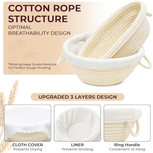 Cotton Rope Banneton Bread Proofing Basket, Round & Oval, Set of 4