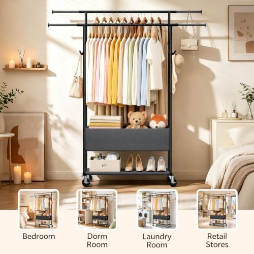 Heavy Duty Rolling Clothing Rack, Double Rod Clothing Storage Organizer