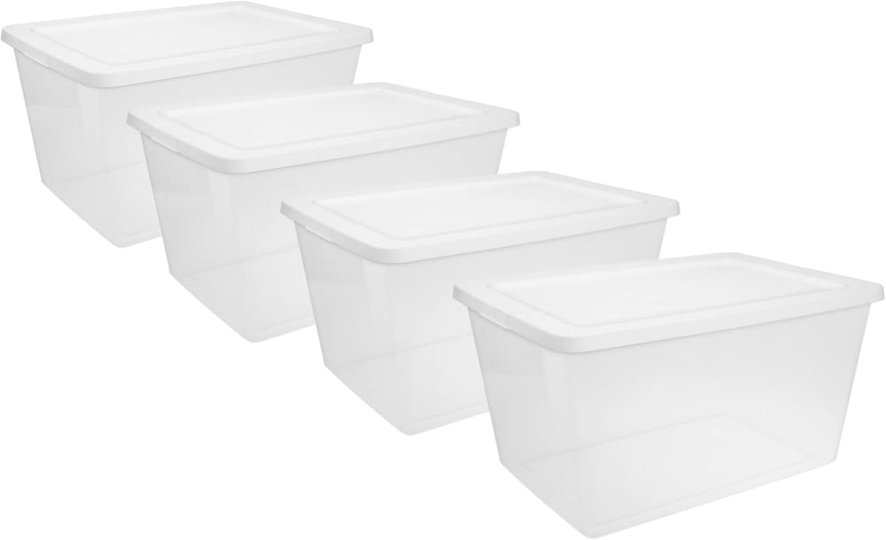 58 Qt Storage Bins with Snap-On Lids, 4-Pack Clear Plastic Stackable Totes