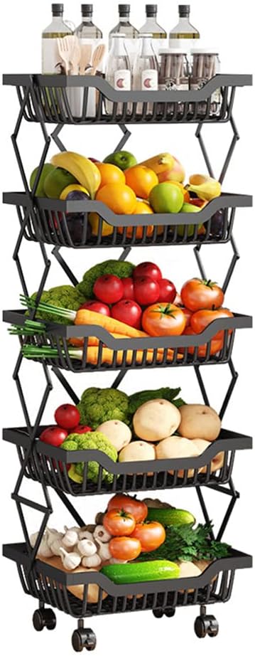5-Tier Fruit Basket Cart with Wheels, Metal Wire Fruit Vegetable Storage Basket Organizer for Kitchen, No Installation Required and Foldable Utility storage shelf Cart for Pantry,Bathroom (Black)