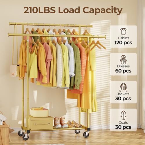 HYSEYY Double Rods Clothes Rack, Sturdy Rolling Clothing Rack, Portable Cloth...