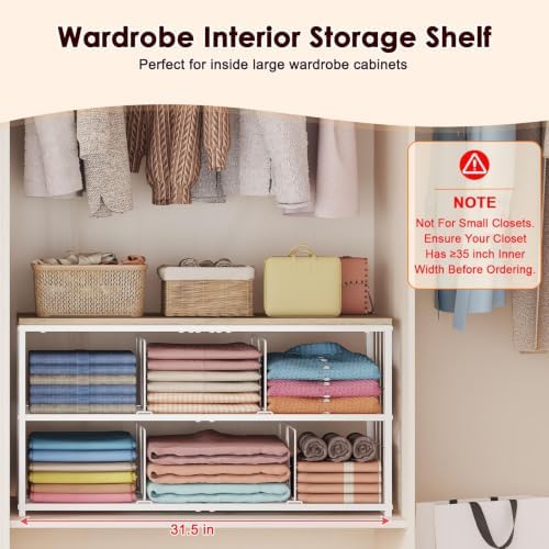 Wood‑Top Closet Clothes Organizers and Storage Shelf with Adjustable Dividers...