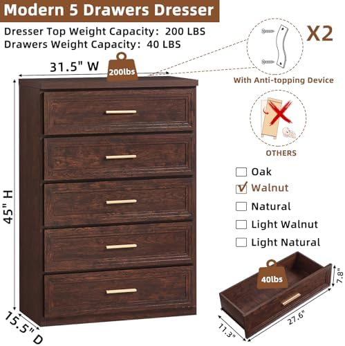 RWYHG Dresser for Bedroom 5 Drawer 45" Tall with Gold Handle Closet Storage